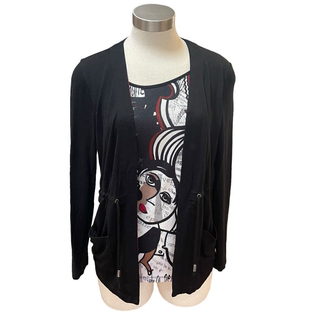 Simply Art by Dolcezza Faux Cardi Sweater Top Black Red Artsy Sz. M